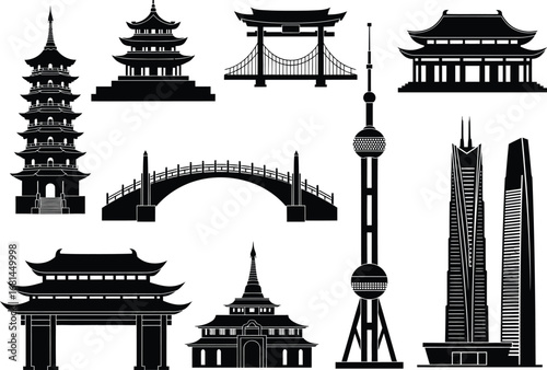 Collection of iconic asian architectural landmarks and modern skyscrapers in silhouette against a white background