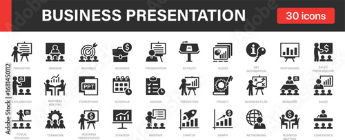 Business presentation icon collection. Contains icons: Seminar, Meeting, Teaching, Agenda, Conference, Business people icons set.