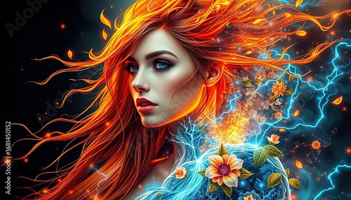 Mystical portrait: a woman with fiery hair and glowing blue eyes, surrounded by blue electrical energy and flowers