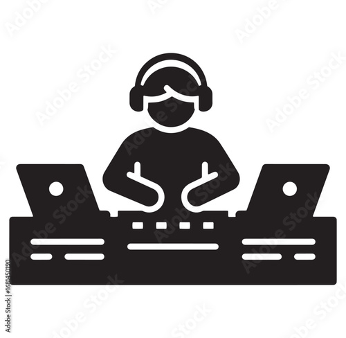 Minimalist icon of a dj mixing music using laptops and headphones for club events