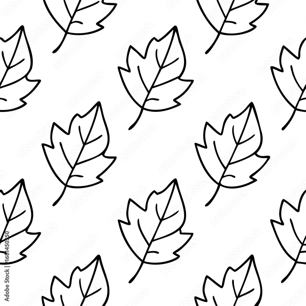 Fototapeta premium Seamless Pattern of Autumn Leaves Drawn in Thin Black Lines Vector, Autumn Leaves Seamless Vector, Fall Foliage Pattern Vector, Thin Line Autumn Leaf Vector