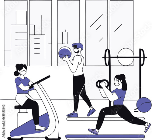 Dynamic gym scene featuring people exercising with weights and machines for fitness and health
