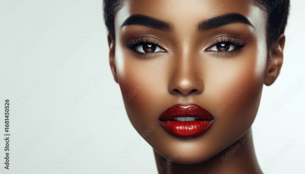 Fototapeta premium Stunning Black Woman With Flawless Makeup In White Retro Fashion: A Portrait In Timeless Elegance And Style.