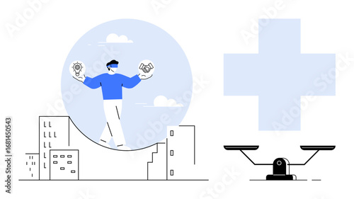 Person balancing lightbulb and handshake above buildings, scale and cross symbolizing innovation, collaboration, equality, and healthcare. Ideal for business, teamwork, urban planning, health