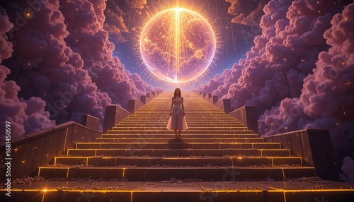 silhouette of a girl on ancient steps leading to a glowing celestial ball among the clouds. Digital art in anime style with golden tones. For adventure and fantasy