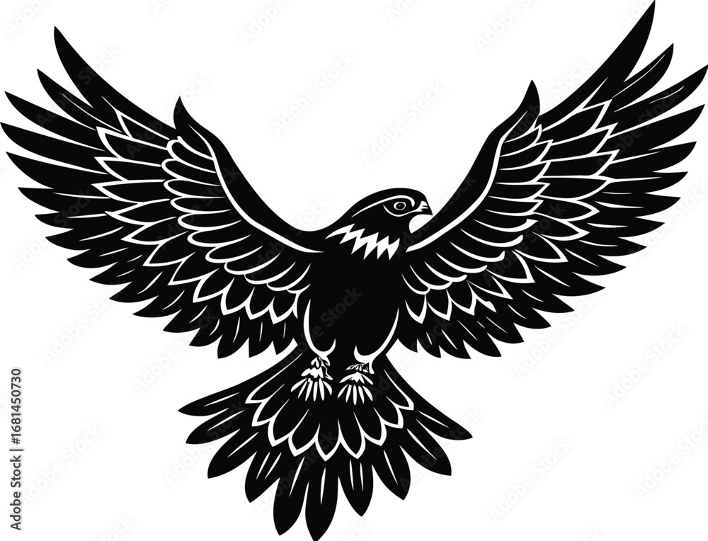 Fototapeta premium Black silhouette of a majestic falcon with wings spread wide