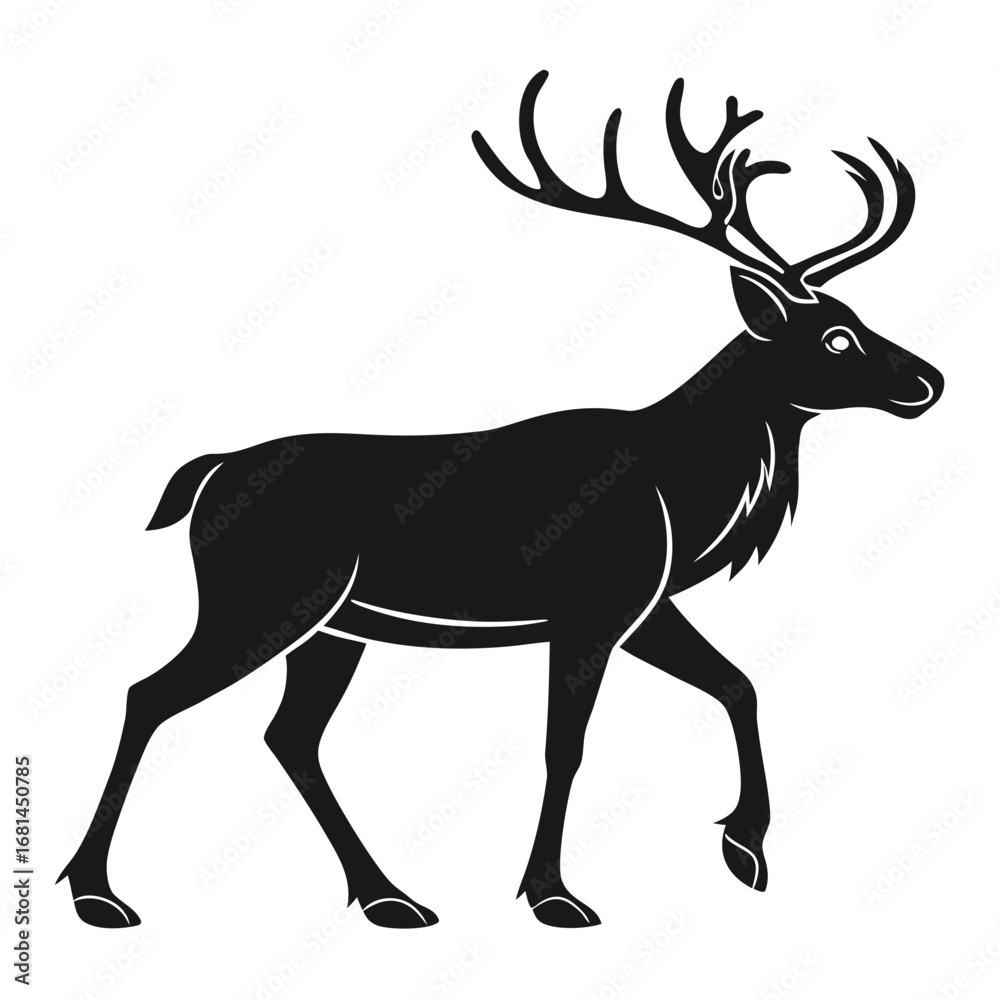 Fototapeta premium Black Silhouette of a Walking Stag with Antlers on White Background deer reindeer