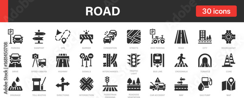 Road icon collection. Contains icons: Way, Traffic, Travel, Drive, Crosswalk, Parking, Asphalt icons set.