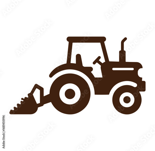 Simple brown icon style agricultural tractor illustration with front loader on white background