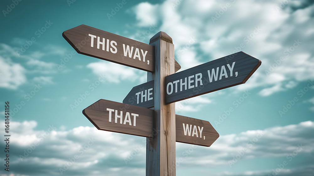 Fototapeta premium Wooden signpost with multiple directional arrows pointing towards different paths under a cloudy sky illustration