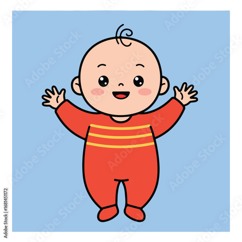 Baby Waving Hello on Blue Background