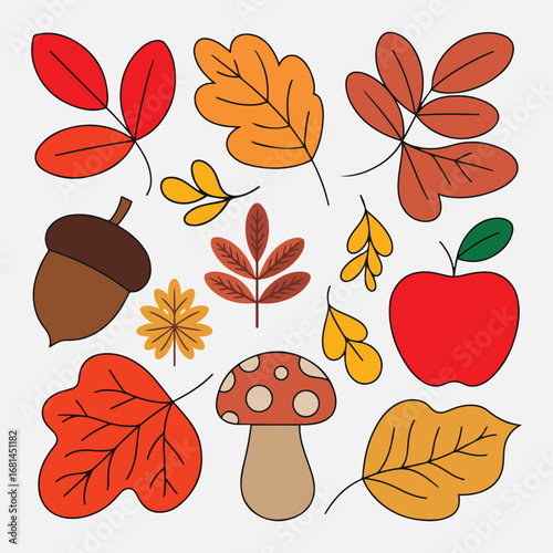 Autumn Nature Elements – Fall Leaves, Acorn, Apple, and Mushroom Vector Illustration