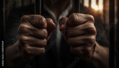 Powerful hands gripping prison bars conveys themes of confinement, injustice, and seeking freedom