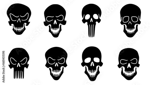 A collection of stylized skull illustrations, each one a unique and haunting representation. Crafted in monochromatic form, the variations of the skull offers the symbolic representation.