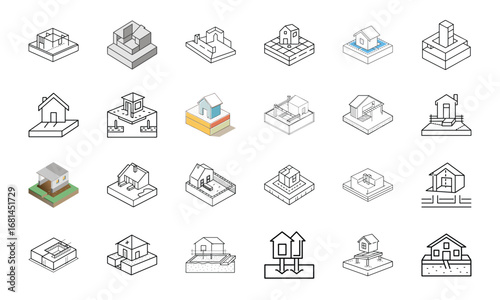 Construction and Building Icons Set – Architecture Tools, Engineering Equipment, Construction Site, Crane, Safety Helmet, Concrete Mixer, Bulldozer, Power Drill, Saw, Hammer, Ruler, Paint Roller, Wood