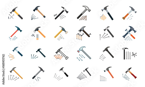 Construction and Building Icons Set – Architecture Tools, Engineering Equipment, Construction Site, Crane, Safety Helmet, Concrete Mixer, Bulldozer, Power Drill, Saw, Hammer, Ruler, Paint Roller, Wood