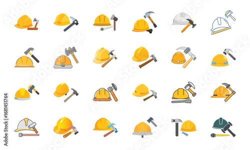 Construction and Building Icons Set – Architecture Tools, Engineering Equipment, Construction Site, Crane, Safety Helmet, Concrete Mixer, Bulldozer, Power Drill, Saw, Hammer, Ruler, Paint Roller, Wood