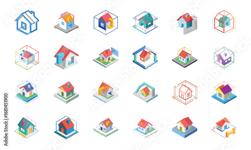 Construction and Building Icons Set – Architecture Tools, Engineering Equipment, Construction Site, Crane, Safety Helmet, Concrete Mixer, Bulldozer, Power Drill, Saw, Hammer, Ruler, Paint Roller, Wood