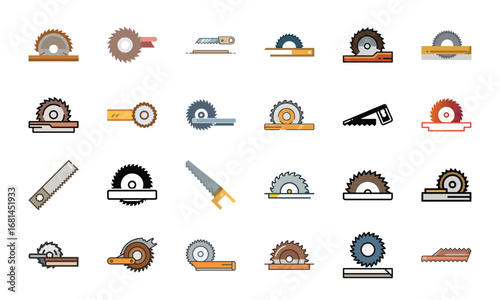 Construction and Building Icons Set – Architecture Tools, Engineering Equipment, Construction Site, Crane, Safety Helmet, Concrete Mixer, Bulldozer, Power Drill, Saw, Hammer, Ruler, Paint Roller, Wood
