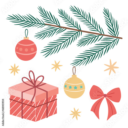 Christmas Tree Branch with Ornaments Gifts and Bow on White Background holiday winter