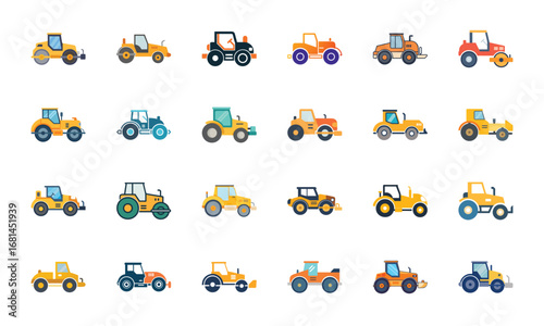Construction and Building Icons Set – Architecture Tools, Engineering Equipment, Construction Site, Crane, Safety Helmet, Concrete Mixer, Bulldozer, Power Drill, Saw, Hammer, Ruler, Paint Roller, Wood