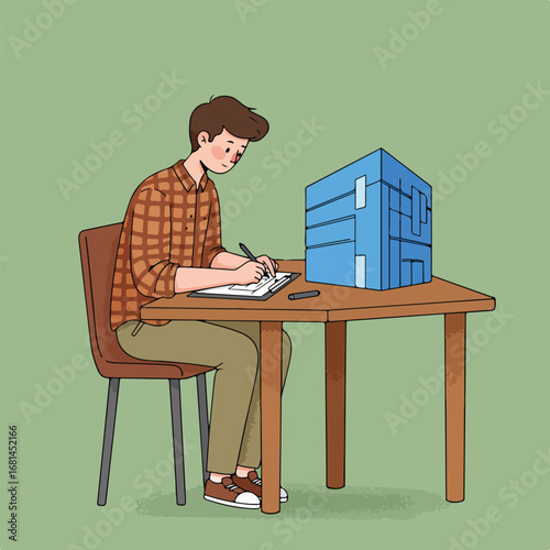 Architect Drawing Plans at Table Near House Model in Office Space