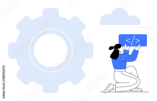 Woman coding on a kneeling position with a code snippet in hand, gear icon, blue cloud. Ideal for development, coding, innovation, teamwork, efficiency, technology simple landing page