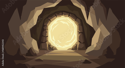 Illuminating Portal Shines Brightly Inside a Dark Cave Entrance