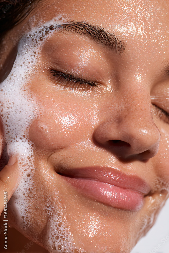 Fototapeta premium Young Woman Washing Face with Gentle Foam in Natural Light