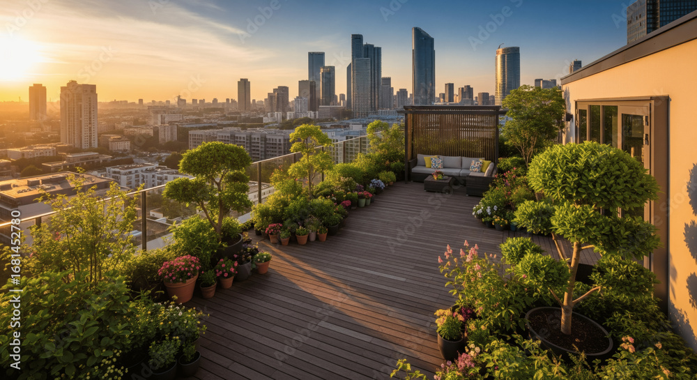Fototapeta premium Rendering of Rooftop Garden with City View