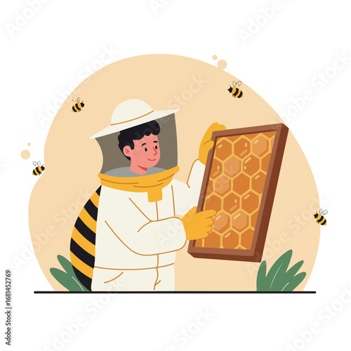 Beekeeper Inspecting Honeycomb Frame Surrounded by Bees in Apiary