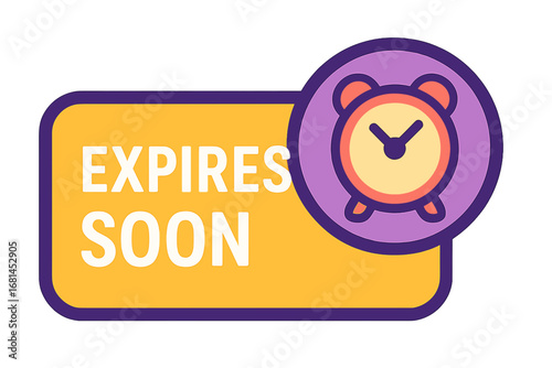 Expires soon reminder with alarm clock icon in colorful design  