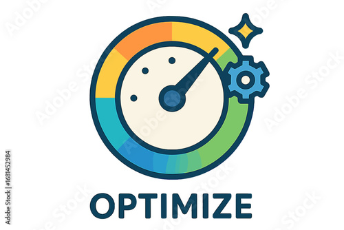 Colorful speedometer with gears and the word optimize optimize everything