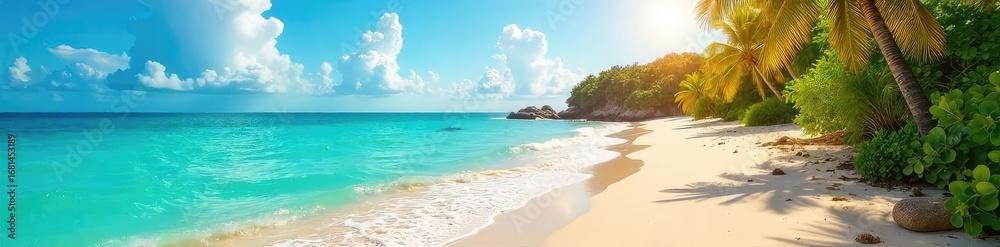 Fototapeta premium Sun-Drenched Beach Paradise Turquoise Waves Crashing on Golden Sand, Lush Tropical Vegetation