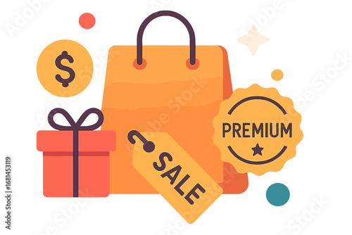Colorful shopping bag with sale tags and gift box illustrations Premium Segment