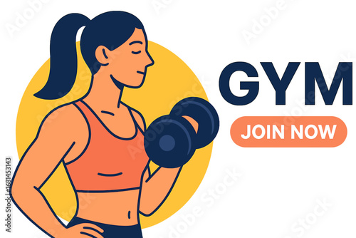 Woman lifting dumbbell in gym with enthusiastic expression Gym promo