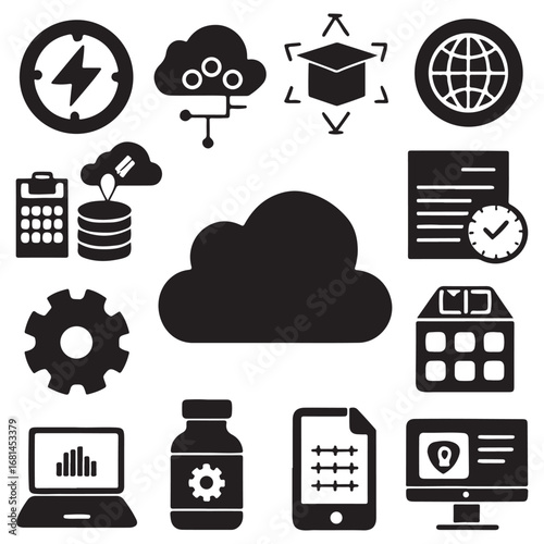 Collection of modern technology and business icons representing cloud computing data management and digital transformation concepts