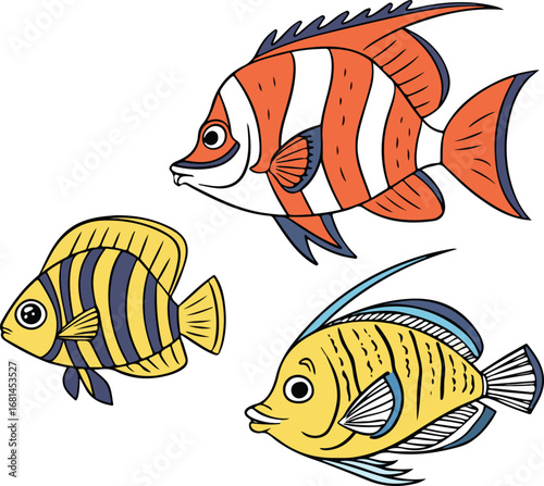 Vector illustration of tropical fish swimming in an underwater ocean scene with a colorful coral reef