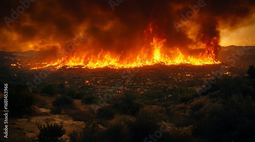 Wildfire burning across a forest and landscape during dramatic dusk or sunset photo