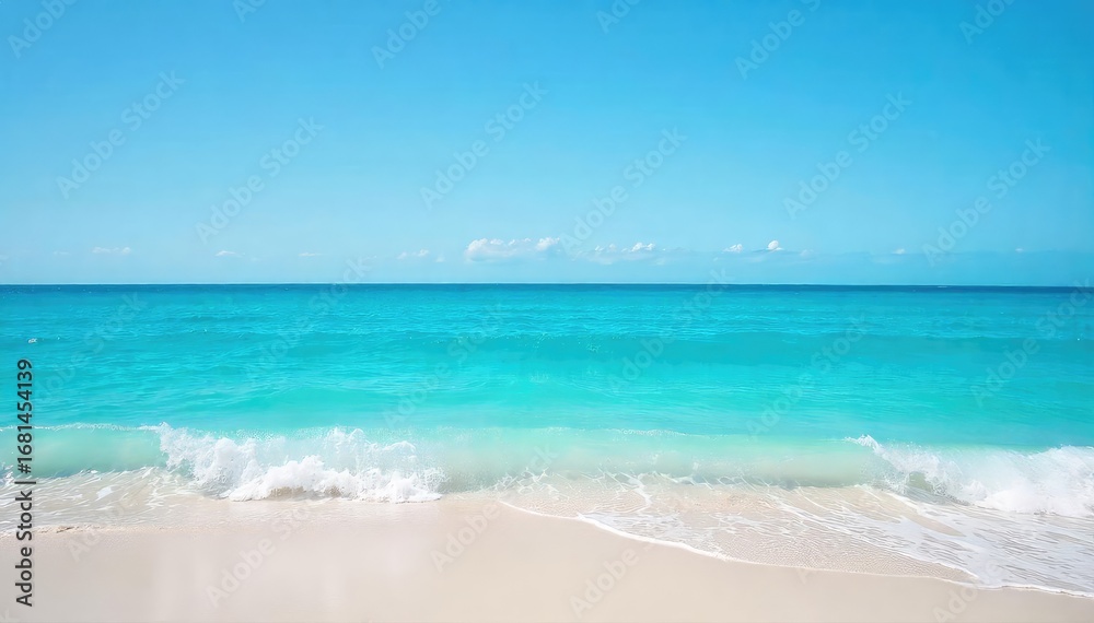 Fototapeta premium Vast, cerulean ocean stretching to the horizon, waves gently lapping the shore under a clear sky Perfect for travel, nature, and serenity themes , serene, scenic, sand