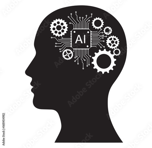 Artificial intelligence and human brain symbolized by gears and electronic circuitry