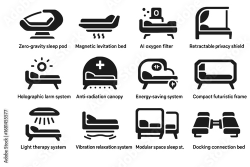 Sleep levitation station pod futuristic holographic docking icon filter compact vector bed