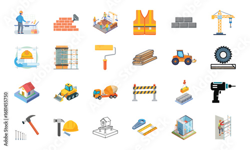 Construction and Building Icons Set – Architecture Tools, Engineering Equipment, Construction Site, Crane, Safety Helmet, Concrete Mixer, Bulldozer, Power Drill, Saw, Hammer, Ruler, Paint Roller, Wood