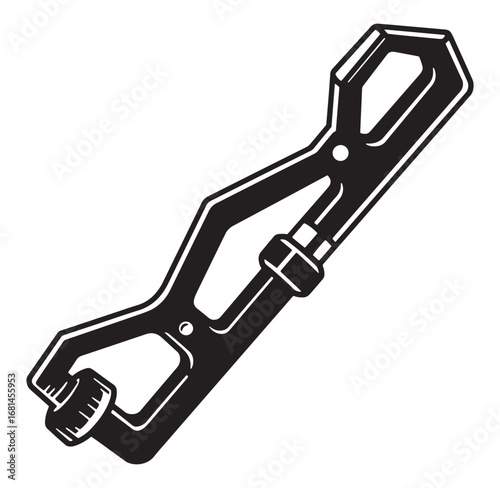 Black and white illustration of a vintage dental or laboratory clamp tool isolated