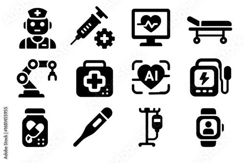 Tracking nurse compact icon vector stand medical dispenser portable automated defibrillator robot