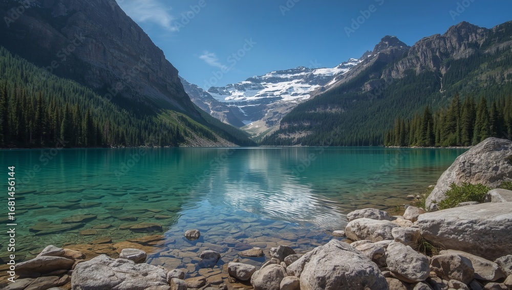 Fototapeta premium Experience the stunning beauty of a turquoise lake framed by majestic snow-capped mountains and lush forest