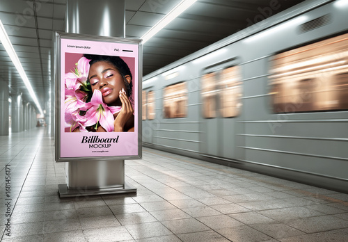 Billboard Mockup in Subway Station with Train Passing