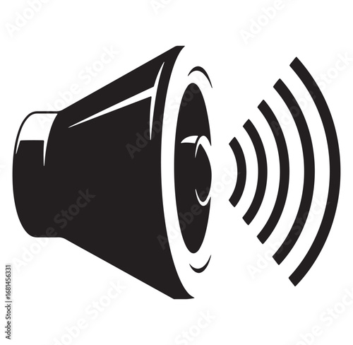Black and white speaker icon emitting sound waves isolated on white background