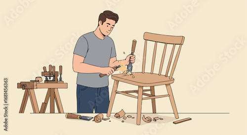 Craftsman Sculpting Chair With Chisel in Workshop
