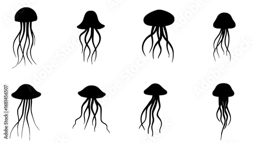 An artistic illustration presents an array of graceful jellyfish silhouettes, evoking the serene beauty of the ocean. The silhouettes showcase the intricate forms of the jellyfish.